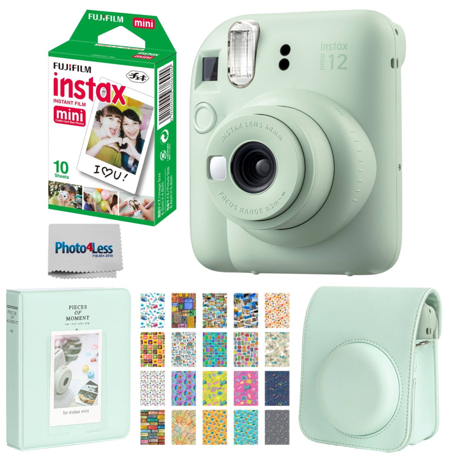 Fujifilm Instax Mini 12 Instant Camera Mint Green + MiniMate Accessory  Bundle & Compatible Custom Case + Fuji Instax Film Value Pack (50 Sheets)
