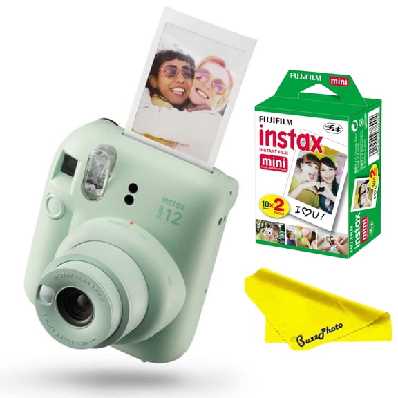 FUJIFILM INSTAX MINI 12 Instant Film Camera ( Mint Green ) + Fujifilm Instax Mini Twin Film bundle ( 10 Sheets x 2 Packs ) + BuzzPhoto Cloth