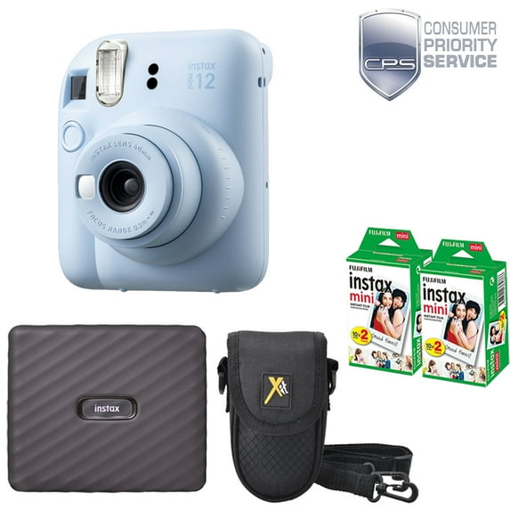 FUJIFILM INSTAX MINI 12 Instant Film Camera (Pastel Blue) + Camera Case + Mini Film Printer Kit (2 Pack)+ 1YR WTY