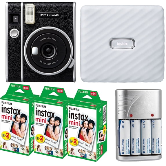 FUJIFILM INSTAX MINI 40 Instant Film Camera + 4X Rechargeable Battery + Mini Film White Printer Kit (3 Pack)