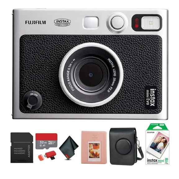 FUJIFILM INSTAX MINI EVO Hybrid Instant Camera (Black) Bundle With 20 Instant Film Sheets + 32GB Memory Card + Carrying Case + Photo Album 64 Pockets + Microfiber Cleaning Cloth