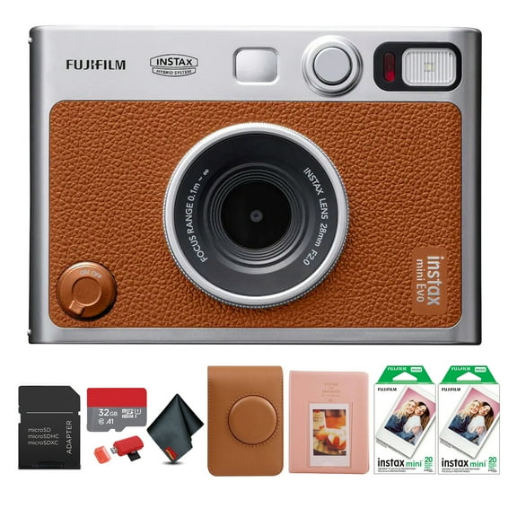 FUJIFILM INSTAX MINI EVO Hybrid Instant Camera (Brown) Bundle With 40 Instant Film Sheets + 32GB Memory Card + Carrying Case + Photo Album 64 Pockets + Microfiber Cleaning Cloth