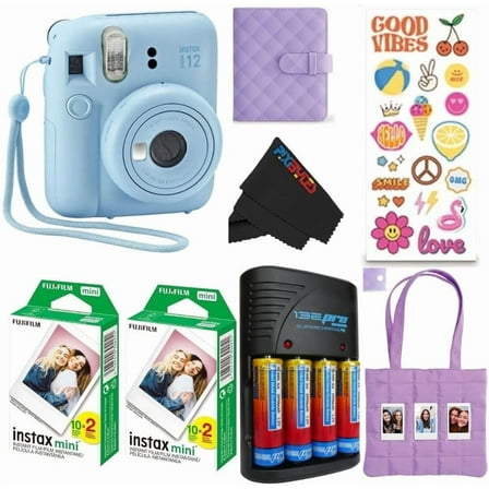 FUJIFILM INSTAX Mini 12 Holiday Bundle 2025 | Blue with Extra Instax Mini Film   4 Pk AA Batteries & Pixi Microfiber Cleaning Cloth
