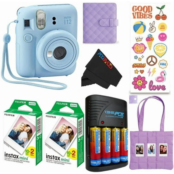 FUJIFILM INSTAX Mini 12 Holiday Bundle 2025 | Blue with Extra Instax Mini Film + 4 Pk AA Batteries & Pixi Microfiber Cleaning Cloth