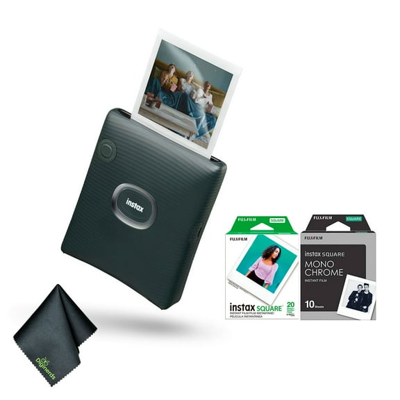 FUJIFILM INSTAX SQUARE LINK Smartphone Printer (Green) Bundle With Fuji Monochrome Instant Film (10 Exposures) + Instant Film (20 Exposures) + Microfiber Cleaning Cloth