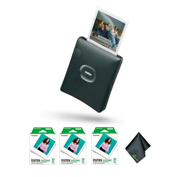 FUJIFILM INSTAX SQUARE LINK Smartphone Printer (Midnight Green) Bundle With Pack of 3 Fuji Instant Film (60 Exposures) + Microfiber Cleaning Cloth