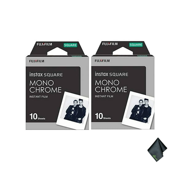 FUJIFILM INSTAX SQUARE Monochrome Instant Film (Pack of 2) (20 Exposures) Bundle With Microfiber Cleaning Cloth