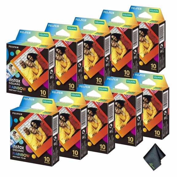 FUJIFILM INSTAX SQUARE Rainbow Instant Film (100 Exposures) + Microfiber Cleaning Cloth