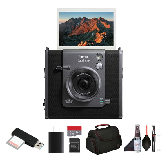 FUJIFILM INSTAX WIDE EVO Hybrid Instant Film Camera Bundle With Bag + 32GB Memory Card + USB Card Reader, SD/microSD + SD Adapter + Charging Adapter + Cleaning Kit