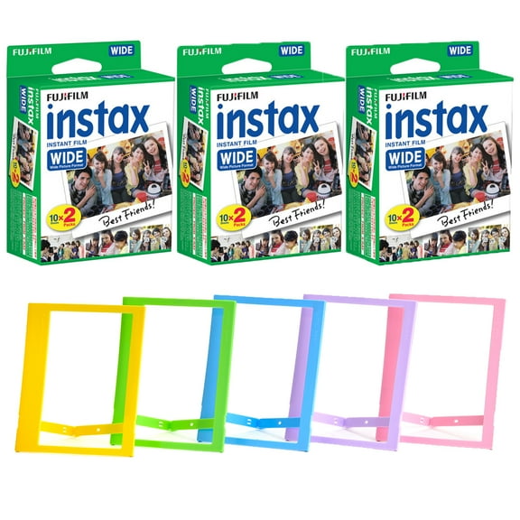 FUJIFILM INSTAX Wide Instant Film + Plastic Photo Frames (Blue, Green, Pink, Yellow & Purple ? Deluxe Bundle (60 Film)