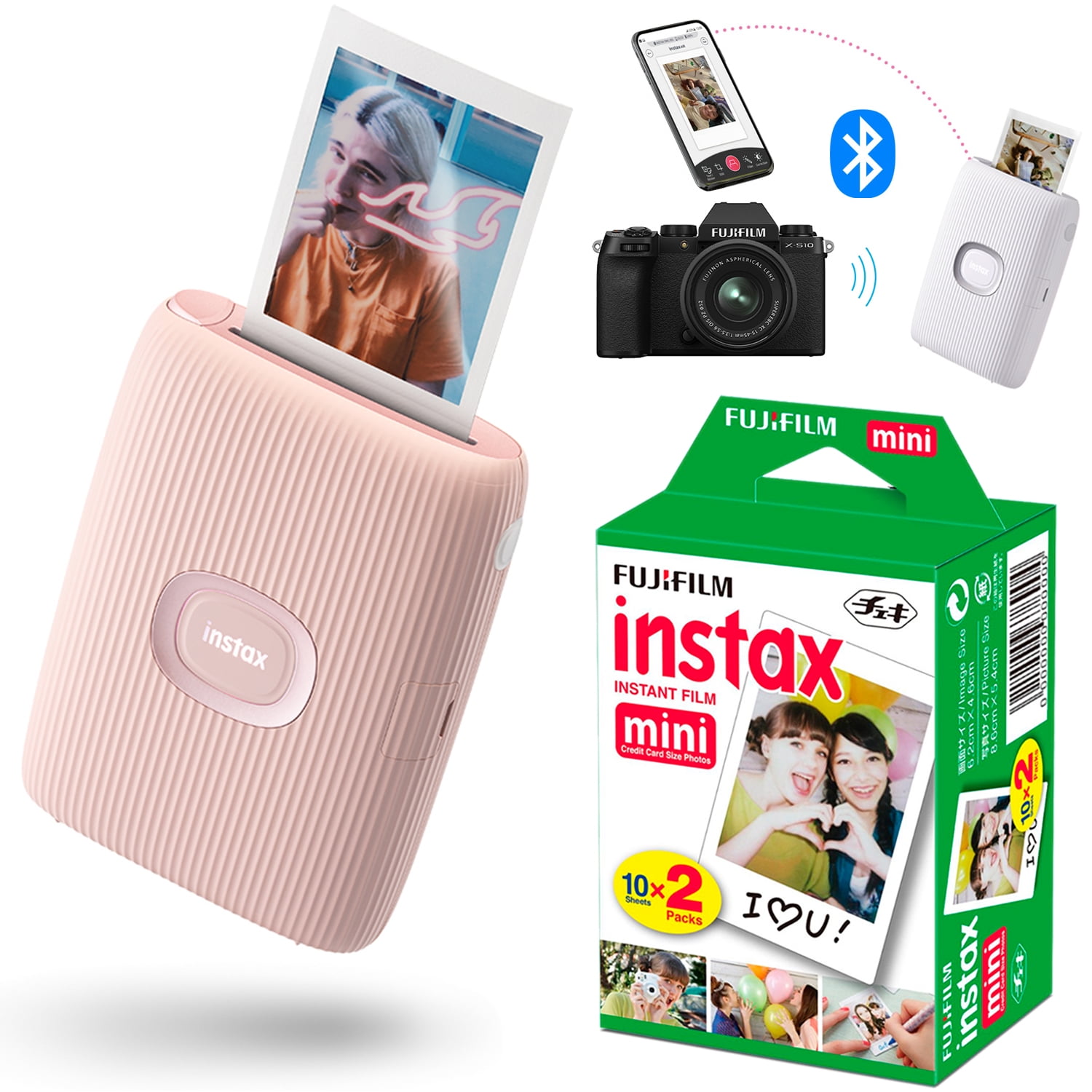 FUJIFILM Instax Mini Link 2, Instant Smartphone Printer & Instax Mini Film  20 Pack. iPhone INSTAXAiR™, Adroid App, Bluetooth, Wireless, Mini Photo 
