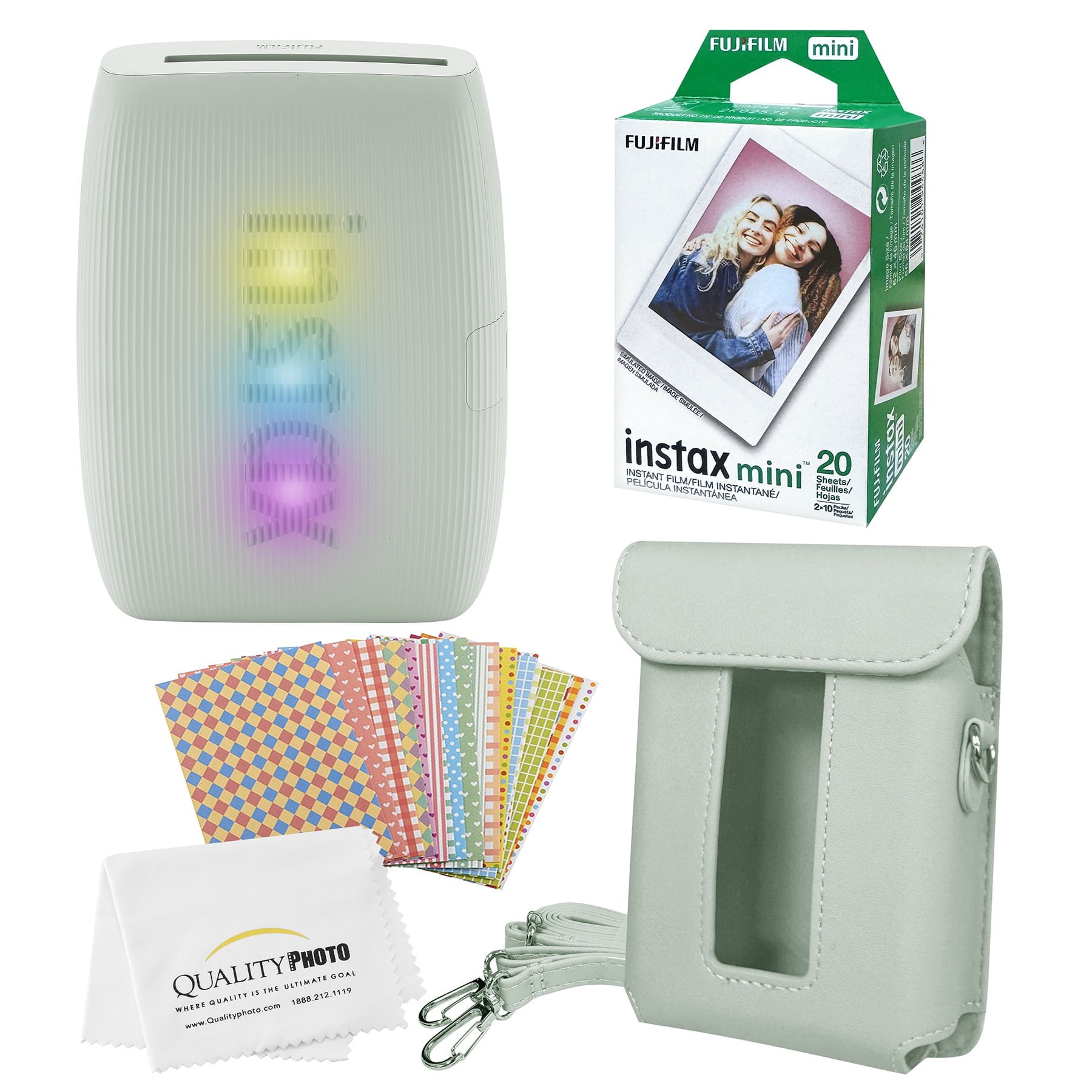 FUJIFILM Mini Instax Link 3 Smartphone Printer with, 20 Fujifilm Mini Films, Printer Case, Decorative Stickers and a Quality Photo Micro Cloth (Sage Green)
