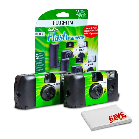 FUJIFILM QuickSnap Flash 400, One-Time-Use Disposable Camera with Flash (1x 2 Pack) Bundle with Microfiber Cleaning Cloth