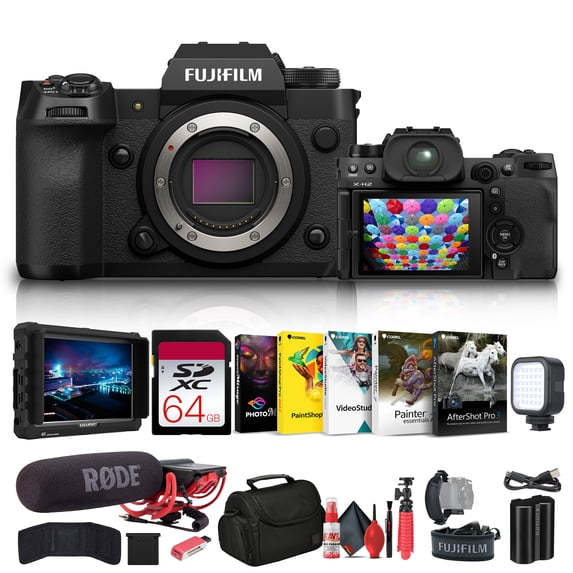 FUJIFILM X-H2 Mirrorless Camera (16757045) + 4K Monitor + Rode VideoMic + 64GB Memory Card + Bag + Card Reader + LED Light + Corel Photo Software + Flex Tripod + Memory Wallet + Cleaning Kit + More