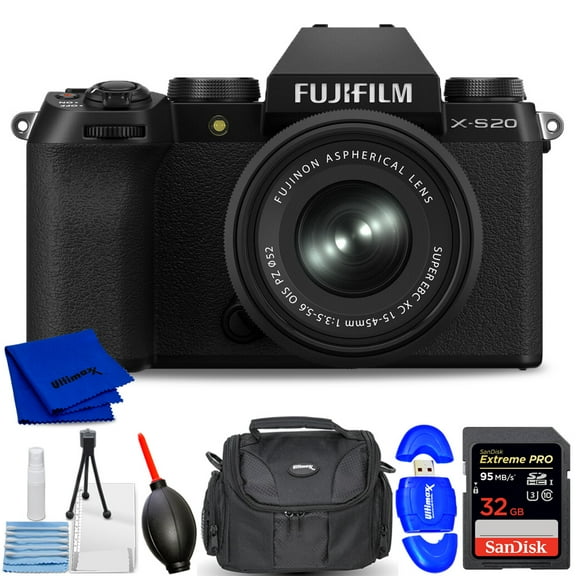 FUJIFILM X-S20 Mirrorless Camera with 15-45mm Lens (Black) with Bundle Includes: Medium Gadget Bag/Case, Blower, And Much More (7PC Bundle)