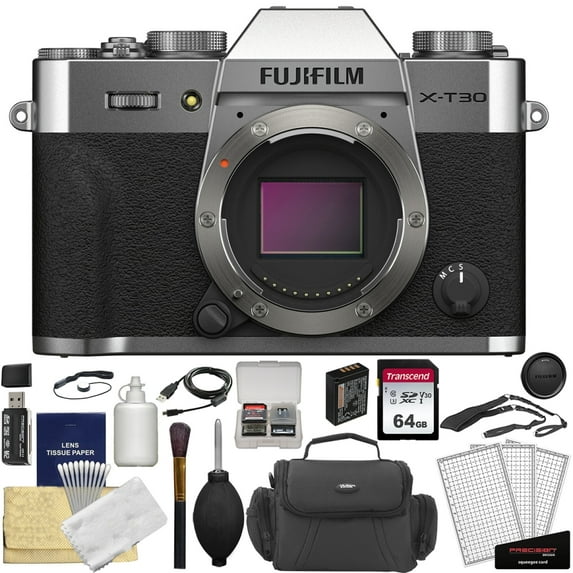 FUJIFILM X-T30 II Mirrorless Digital Camera | Body, Silver Bundle with Cleaning Kit + Memory Card and Case + Screen Protectors + Camera Case + Memory Card Reader + Lens Cap Keeper (8 Items)