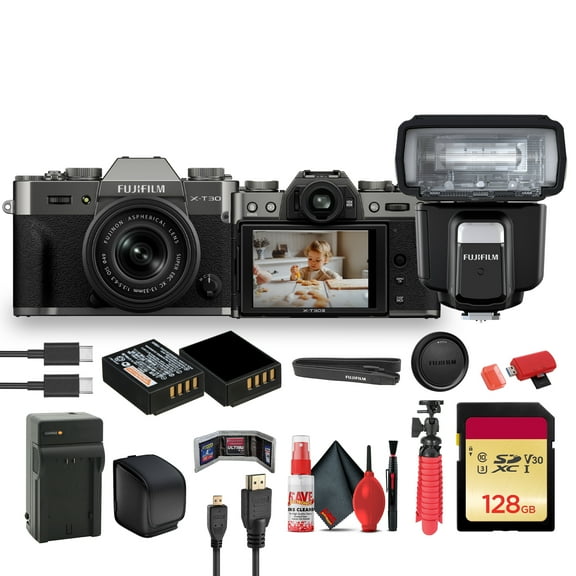 FUJIFILM X-T30 III Mirrorless Camera with 13-33mm f/3.5-6.3 Lens (Charcoal Silver) Bundle With Fuji EF-60 Shoe Mount Flash + 128GB Memory Card + Flexible Tripod + Cleaning Kit + Camera Bag + More
