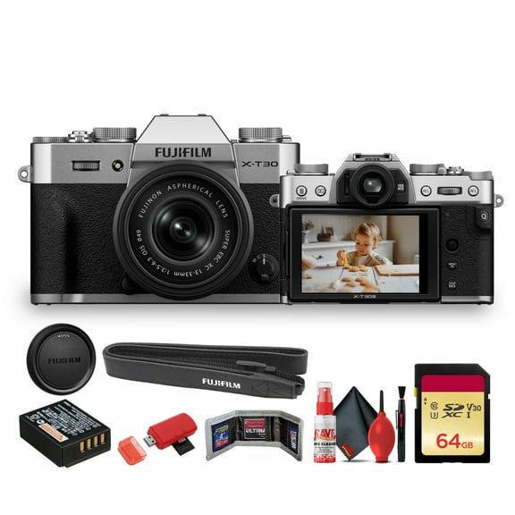 FUJIFILM X-T30 III Mirrorless Camera with 13-33mm f/3.5-6.3 Lens (Silver) (16966969) Bundle With + 64GB Memory Card + Memory Card Wallet + Cleaning Kit