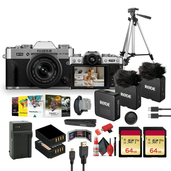 FUJIFILM X-T30 III Mirrorless Camera with 13-33mm f/3.5-6.3 Lens (Silver) Bundle With RODE Wireless GO (Gen 3) 2-Person Compact Microphone + 64GB Memory Card + Tripod 72 INCH + Cleaning Kit + More