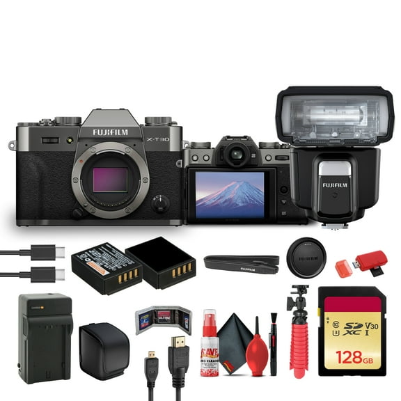 FUJIFILM X-T30 III Mirrorless Camera Body (Charcoal Silver) Bundle With Fuji EF-60 Shoe Mount Flash + 128GB Memory Card + Flexible Tripod + Cleaning Kit + Camera Bag