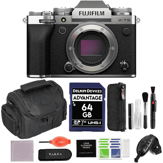 FUJIFILM X-T5 Mirrorless Camera (Silver) Bundle with 64GB Memory Card, Gadget Bag, Card Reader & More | USA Authorised with Fujifilm Warranty | Fuji xt5