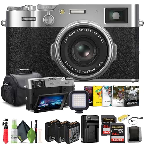 FUJIFILM X100VI Digital Camera (Silver) (16821822) + 2 x 64GB Card + Card Reader + 2 x NP-W126 Battery + Charger + LED Light + Corel Photo Software + Case + Flex Tripod + Memory Card Wallet + More