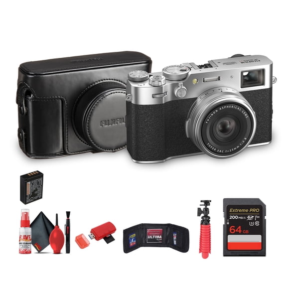 FUJIFILM X100VI Digital Camera (Silver) Bundle With LC-X100VI Leather Case + USB Card Reader + Memory Card Wallet + Flex Tripod + 64GB Memory Card + Cleaning kit