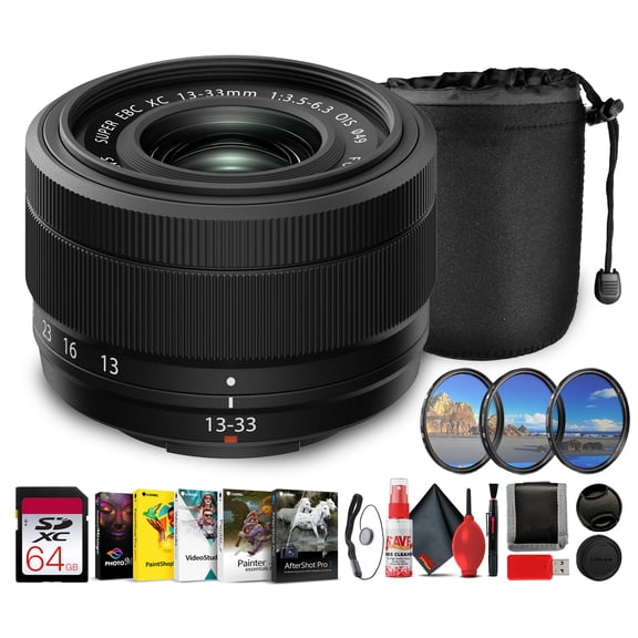 FUJIFILM XC 13-33mm f/3.5-6.3 OIS Lens for FUJIFILM X Mount APS-C Cameras, 2050mm Equivalent, Optical Image Stabilization Bundle With Filter Kit + 64GB Memory Card + Lens Case and More
