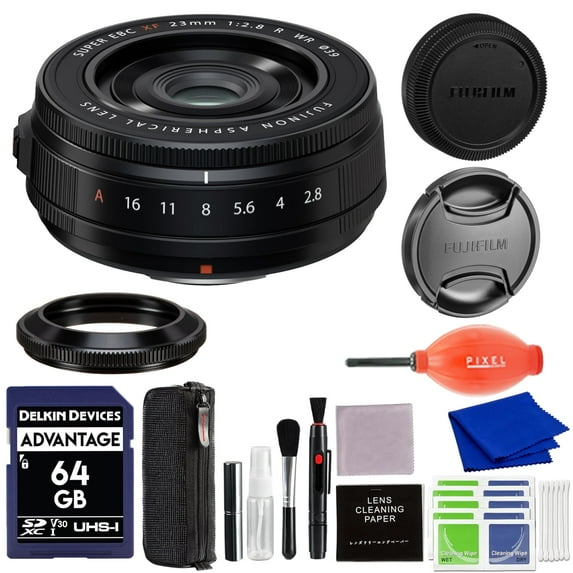 FUJIFILM XF 23mm f/2.8 R WR Lens (Black) Bundle with 64GB SD Card and Advanced Accessories