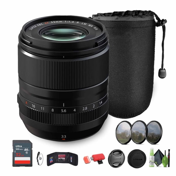 FUJIFILM XF 33mm f/1.4 R LM WR Lens + Lens Pouch 10 Inch + 32GB Memory Card + Professional 3 Piece Filter Kit, 58mm + Lens Cap Keeper + More
