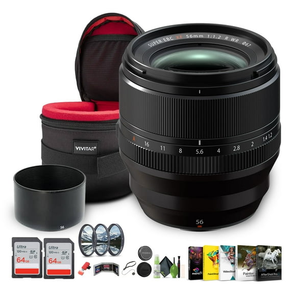 FUJIFILM XF 56mm f/1.2 R WR Lens Bundle With 2x 64GB Extreme PRO UHS-I SDXC Memory Card  67mm Professional 3 Piece Filter Kit  USB Card Reader SD/microSD  Corel Photo Video, & Art Suite Deluxe + More