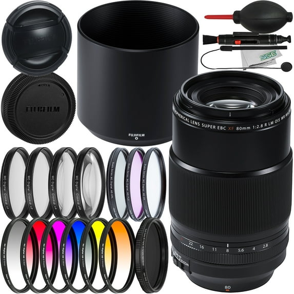 FUJIFILM XF 80mm f/2.8 R LM OIS WR Macro Lens with Essential Accessory Bundle: Variable Neutral Density Filter (ND2-ND400), 6PC Gradual Color Filter Kit & Much More (24pc Bundle)