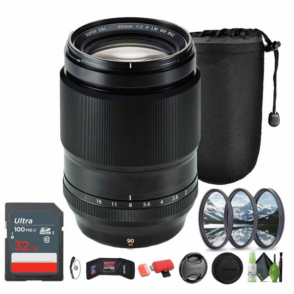 FUJIFILM XF 90mm f/2 R LM WR Lens + Lens Pouch 10 Inch + 32GB Memory Card + 62mm 3 Piece High Resolution Filter Kit + Lens Cap Keeper + More