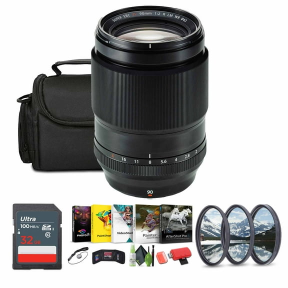 FUJIFILM XF 90mm f/2 R LM WR Lens + Soft Lens Case + 32GB Memory Card + 62mm 3 Piece High Resolution Filter Kit + Lens Cap Keeper + More