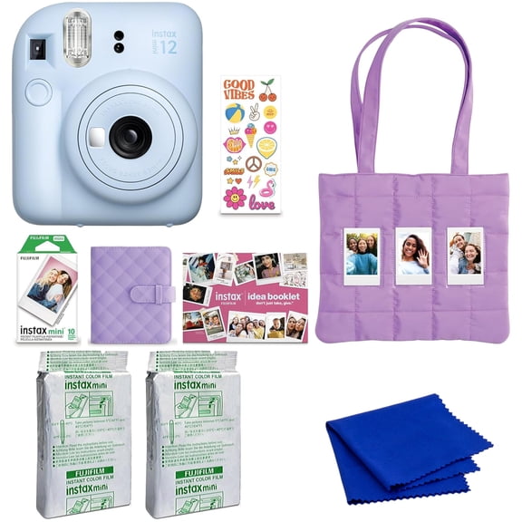 FUJIFILM instax mini 12 Instant Film Camera Holiday Bundle (Pastel Blue) with 2 x Instax Mini Instant Film - Foil Pack and Microfiber Cloth