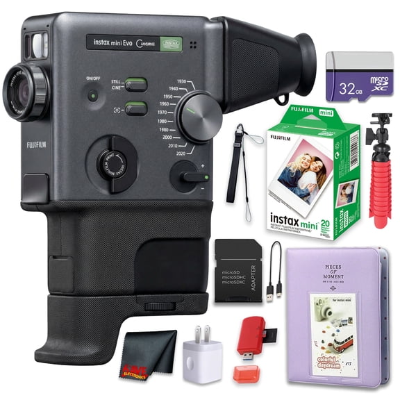 FUJIFILM instax mini Evo Cinema Hybrid Instant Camera Bundle, 3-in-1 Camera Printer with Bluetooth + Gen Dial for 10 Decade-Inspired Effects + Instax-Mini Twin Pack Instant-Film 20 Sheets + More