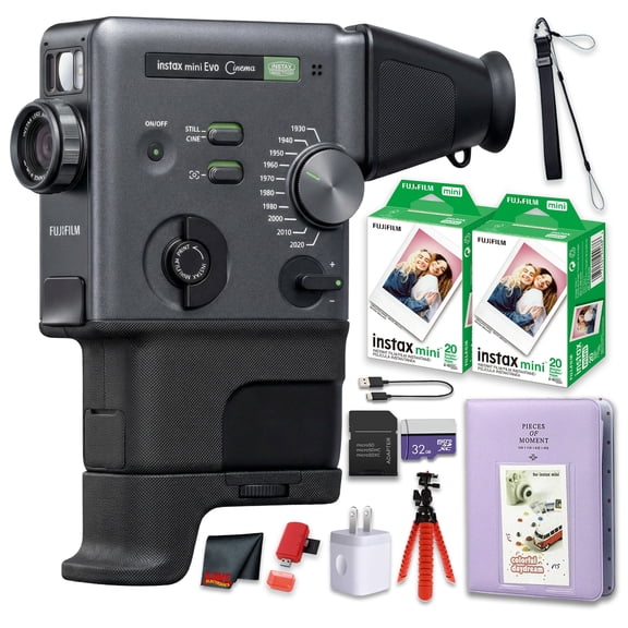 FUJIFILM instax mini Evo Cinema Hybrid Instant Camera Bundle, 3-in-1 Instant Camera Smartphone Printer Video Camera, Gen Dial Effects, Viewfinder & Grip + 40-Photo Instax Mini Film + More