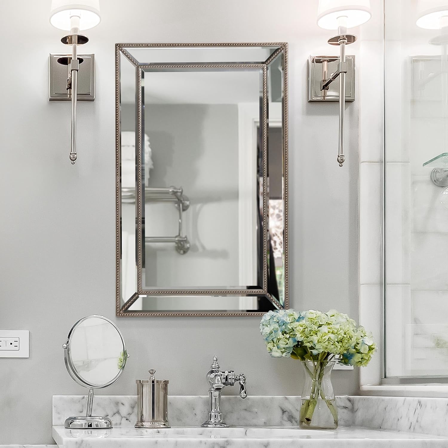 FUJING Metro Beaded Champagne Silver Beveled Bathroom Vanity Mirror