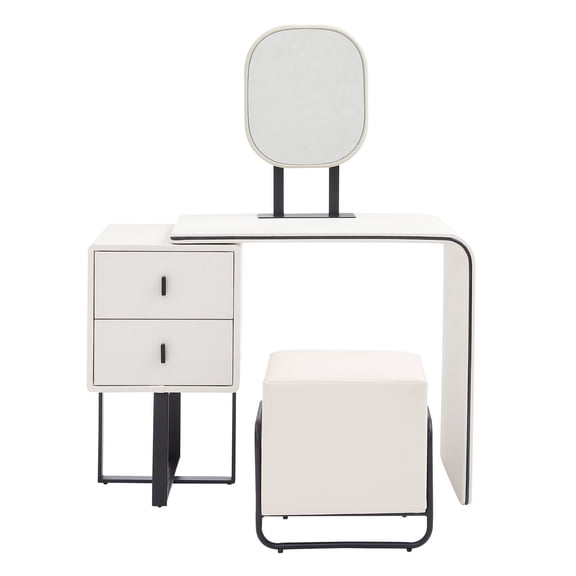 FUKAYI Faux Leather Makeup Vanity Desk Set with Stool Small Vanity Makeup Mirror Desk, White