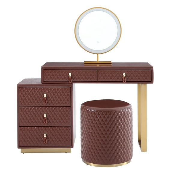 FUKAYI Faux Oil Waxed Leather Makeup Vanity Desk Set with 5 Drawers & Stool Dressing Table with Lighted Mirror, Brown
