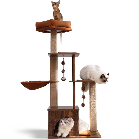 FUKUMARU 4-in-1 Modern Cat Tree Tower 53.5" Tall Large, Retro Wood Cat Condo with Hammock Perch Shelf, Jute Scratching Posts  Silvervine Ball Toy,