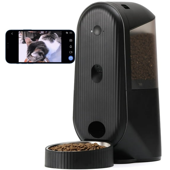 FUKUMARU Automatic Cat Feeder, 2 in 1 WiFi Smart Dog Feeder with Camera, Black