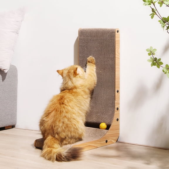 FUKUMARU L Shaped Cat Scratcher, Cat Scratch Pads Cardboard with Ball, 18.7"