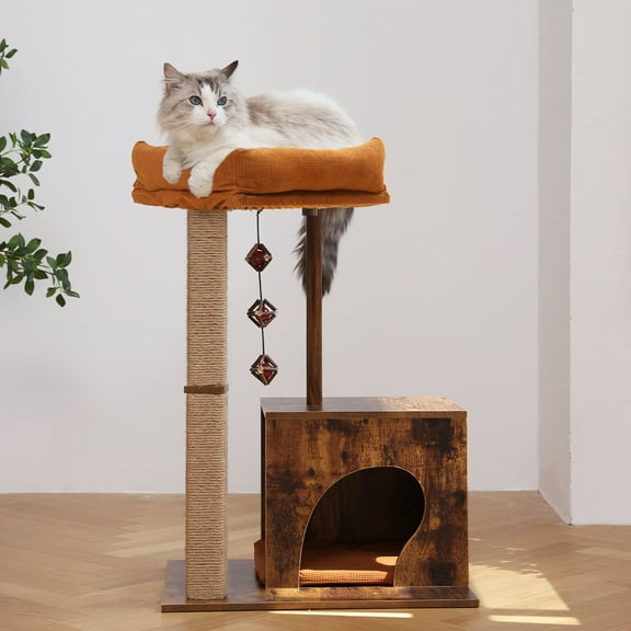 FUKUMARU Cat Tower, Retro Wooden Cat Tree with Scratching Post and Chew Toy, 32.6 IN