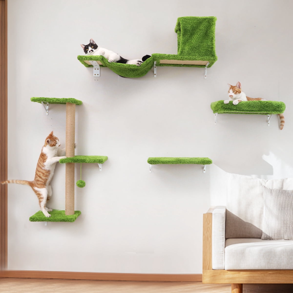FUKUMARU Cat Wall Shelves Set, 4 in 1 Wooden Climbing Wall Furniture, Green