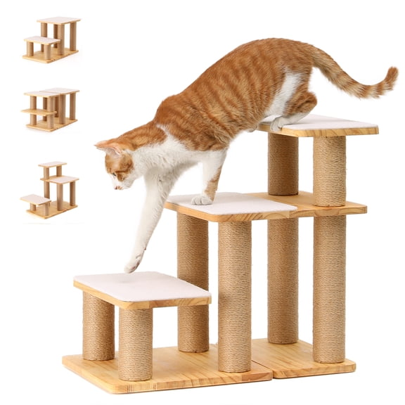 FUKUMARU Dog Stairs, Solid Wood Pet Stairs with Cat Scratching Post, Transformable Cat Ramp Can Hold Up to 200 lbs, 20 Inch Pet Steps for Dogs and Cats to Climb High Bed