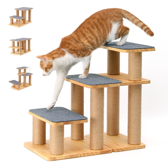 FUKUMARU Dog Stairs, Solid Wood Pet Stairs with Cat Scratching Post, Transformable Cat Ramp Can Hold Up to 200 lbs, 20 Inch Pet Steps for Dogs and Cats to Climb High Bed
