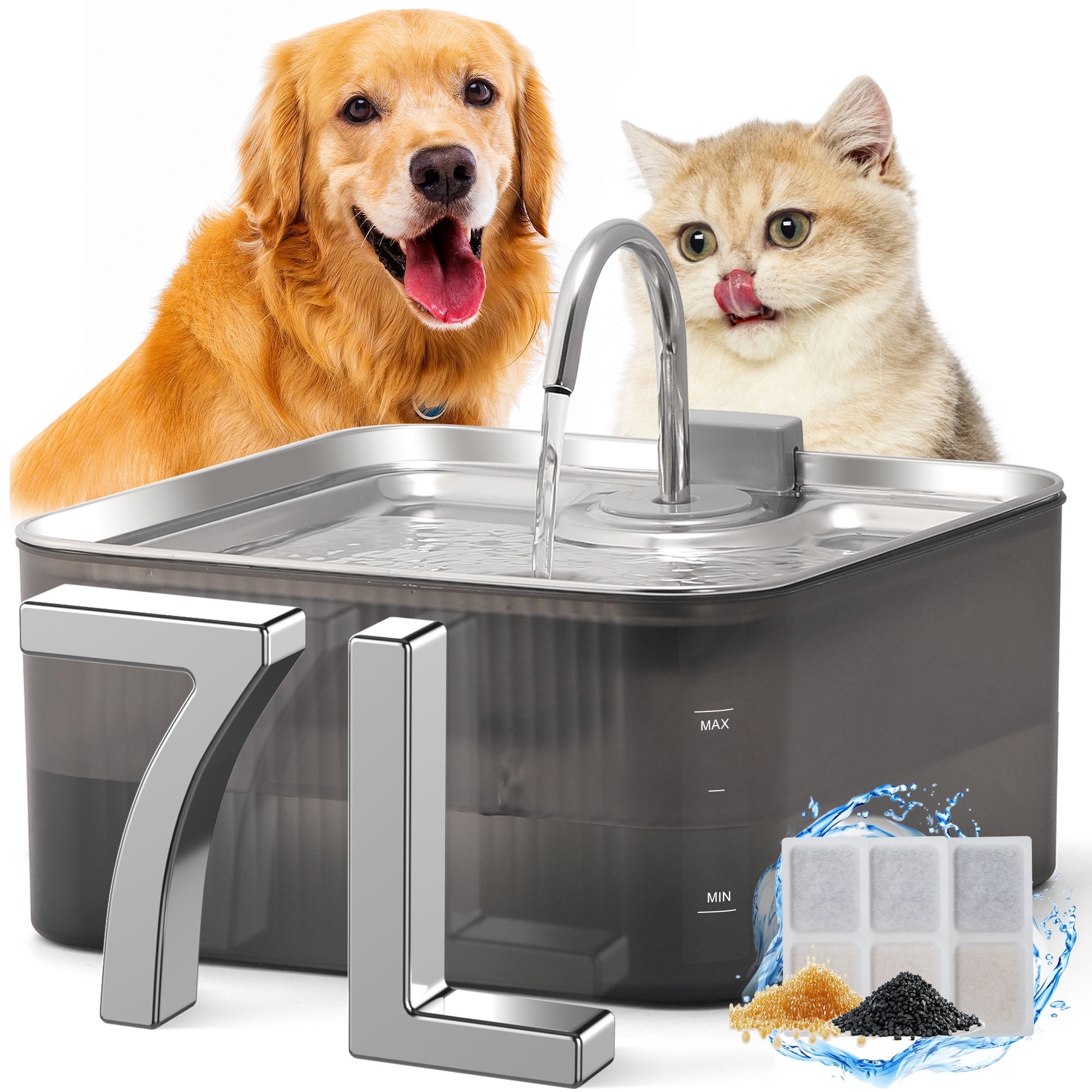 FUKUMARU 7L Dog Fountain Dispenser with 3 Filters, Ultra Quiet Dog Water Fountain, Stainless