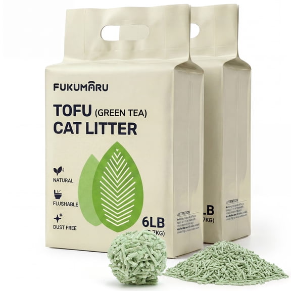 FUKUMARU Green Tea Tofu Cat Litter, Soybean & Real Green Tea Leaf Clumping Cat Litter, 99.9% Dust-Free Low Tracking 3-Second Solid Clumps, Natural Odor Control Plant-Based Litter,