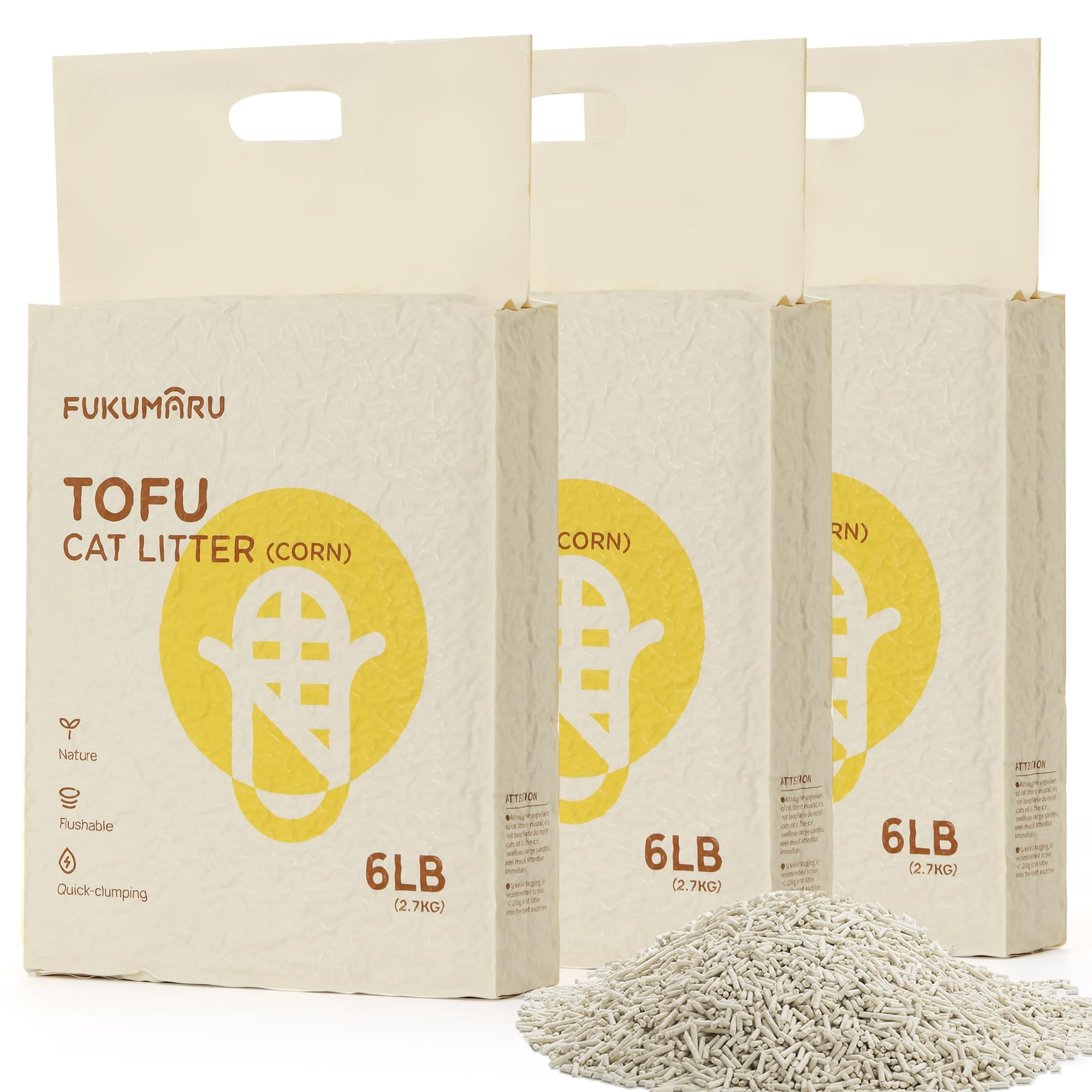 FUKUMARU Tofu Cat Litter, 100% Natural Ingredients Litter, Flushable, Dust Free, Quick Clumping, Lightweight, Low Tracking Cat Litter Pellets, Effective Odor Control, Unscented, 18 LBS (3 Packs) C80